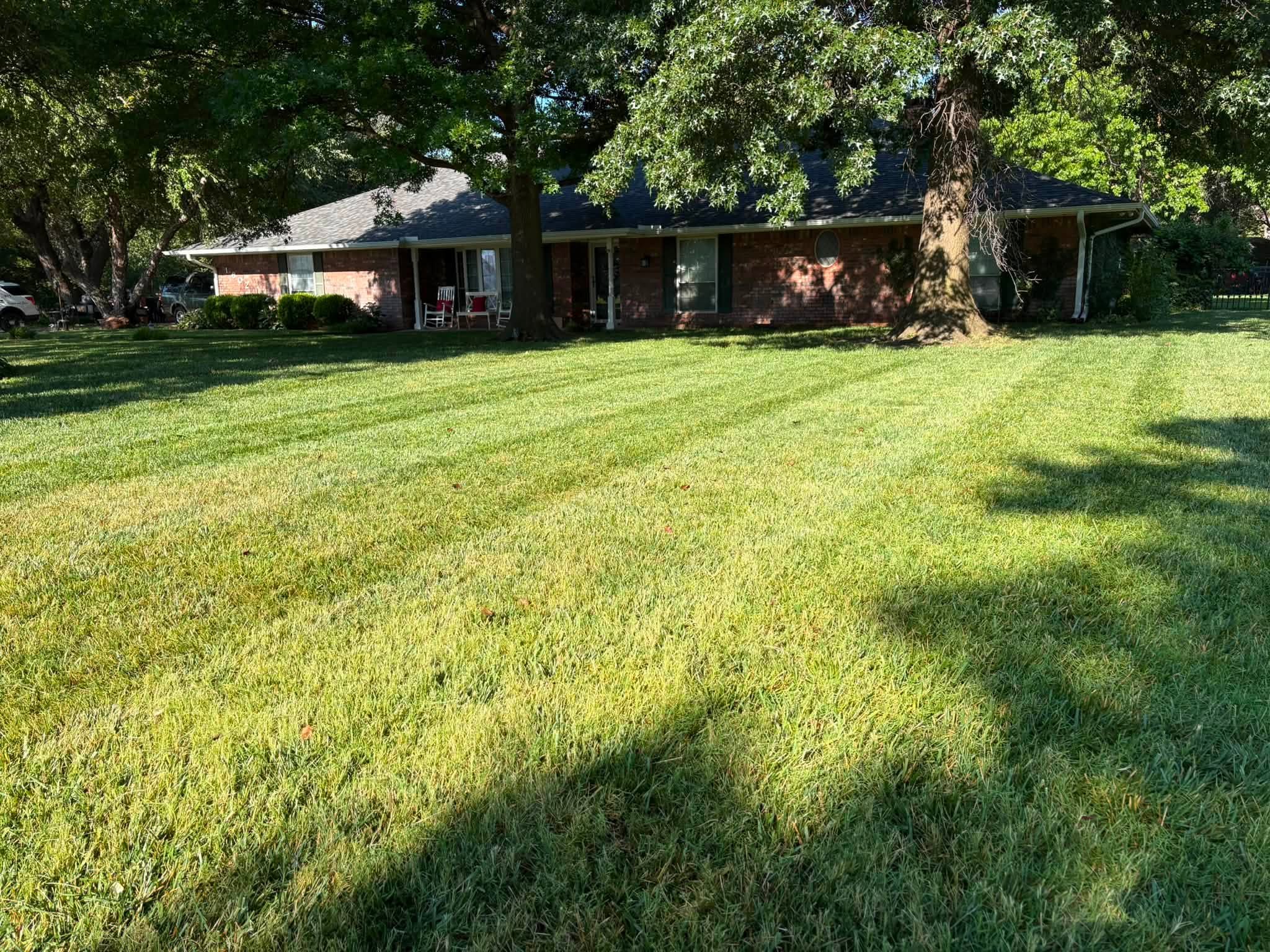 A large, freshly maintained front lawn shaded by mature trees