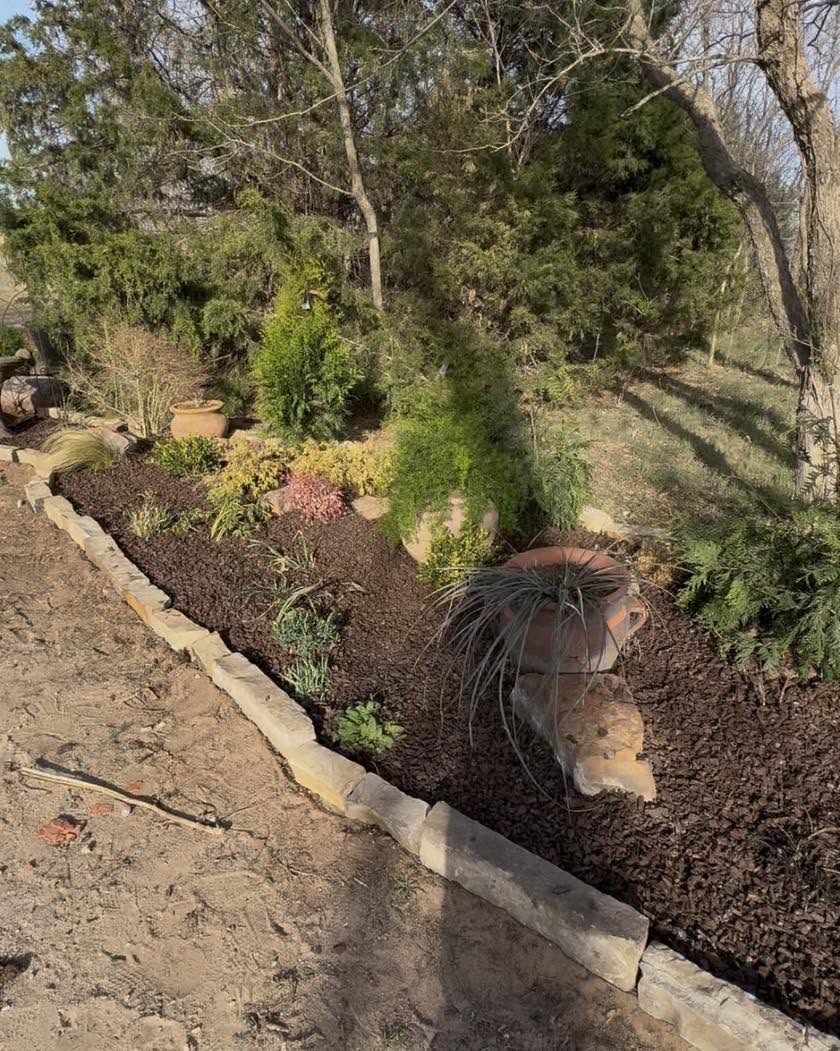 A layered garden bed with stone edging, evergreens, and ornamental grasses